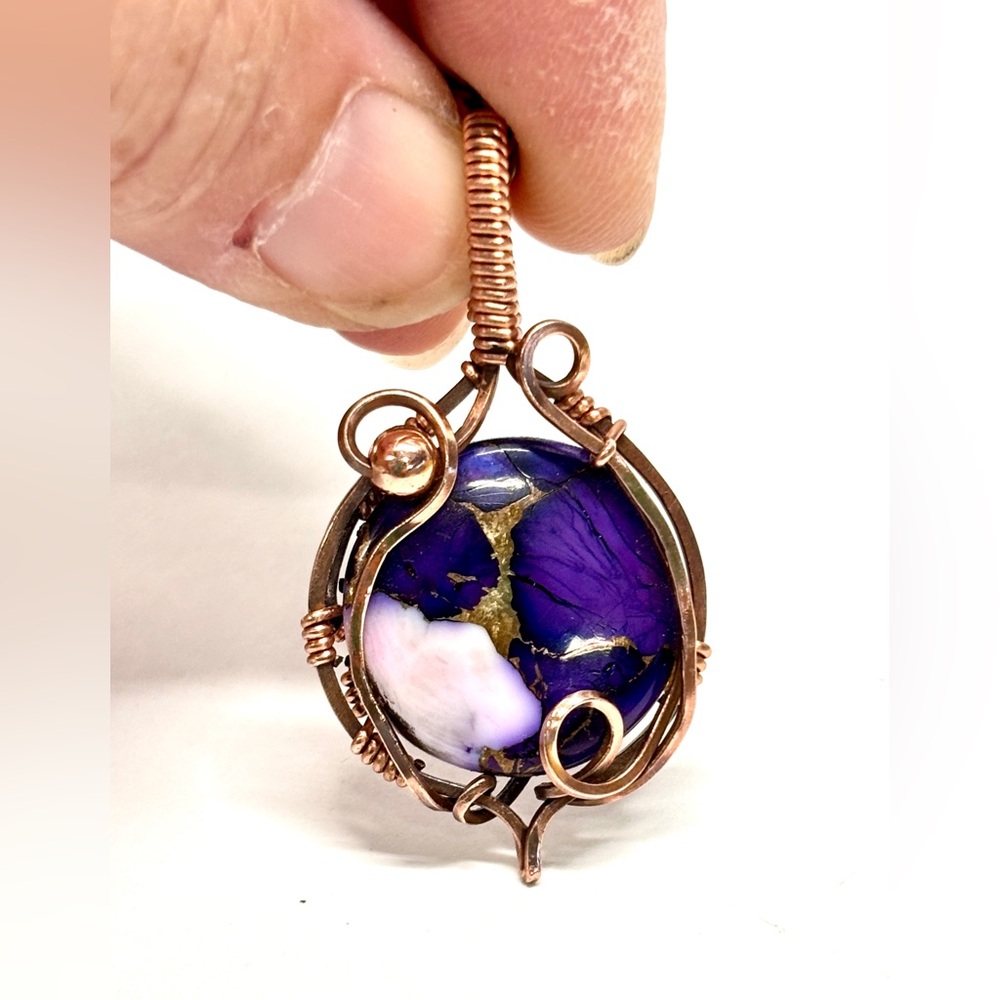 HAND CRAFTED Violet Dahlia Composite Stone Wire Wrapped Copper Pendant Necklace